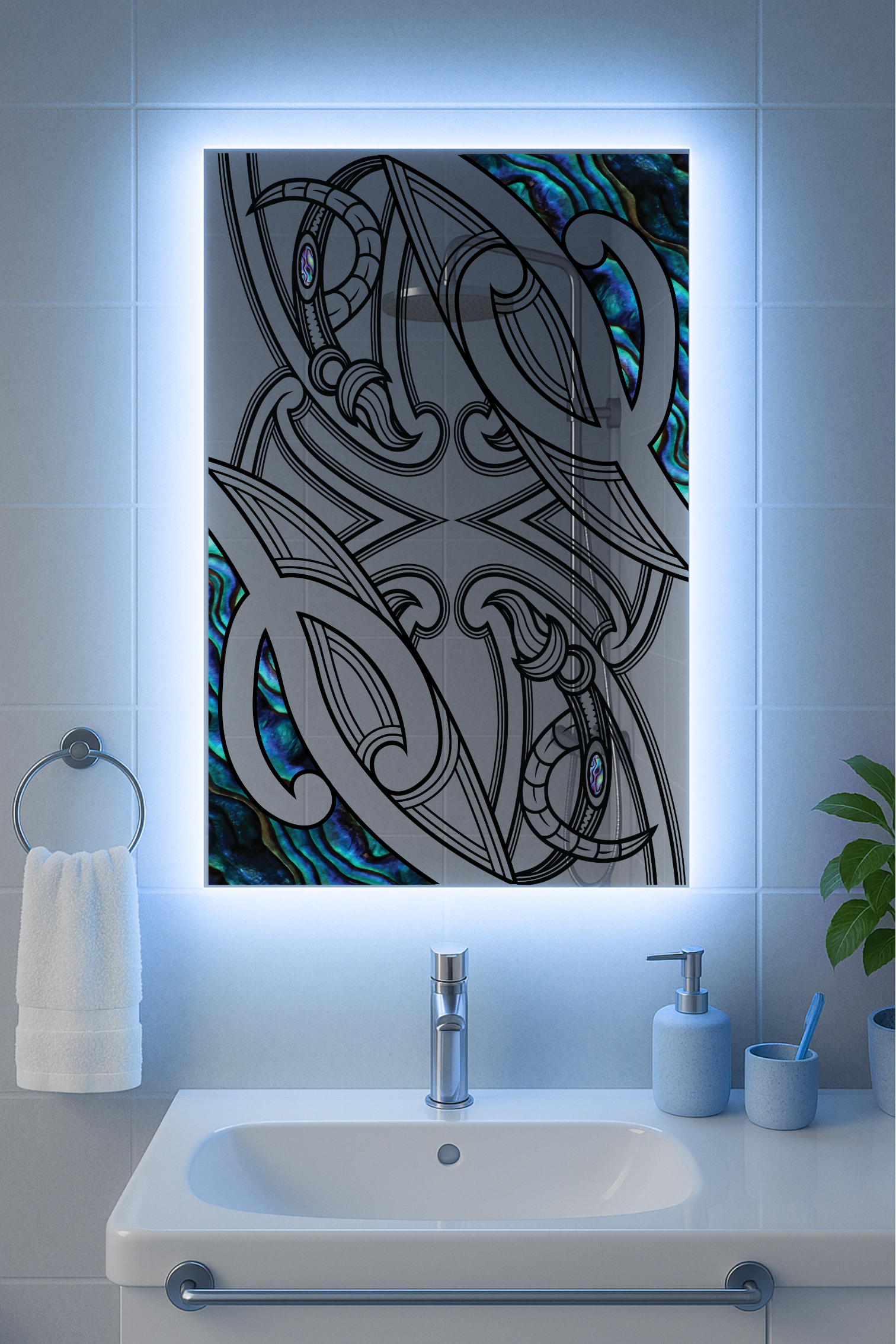 "Te Whakaruruhau Mirror – Māori-Inspired Design with LED Backlight Option"