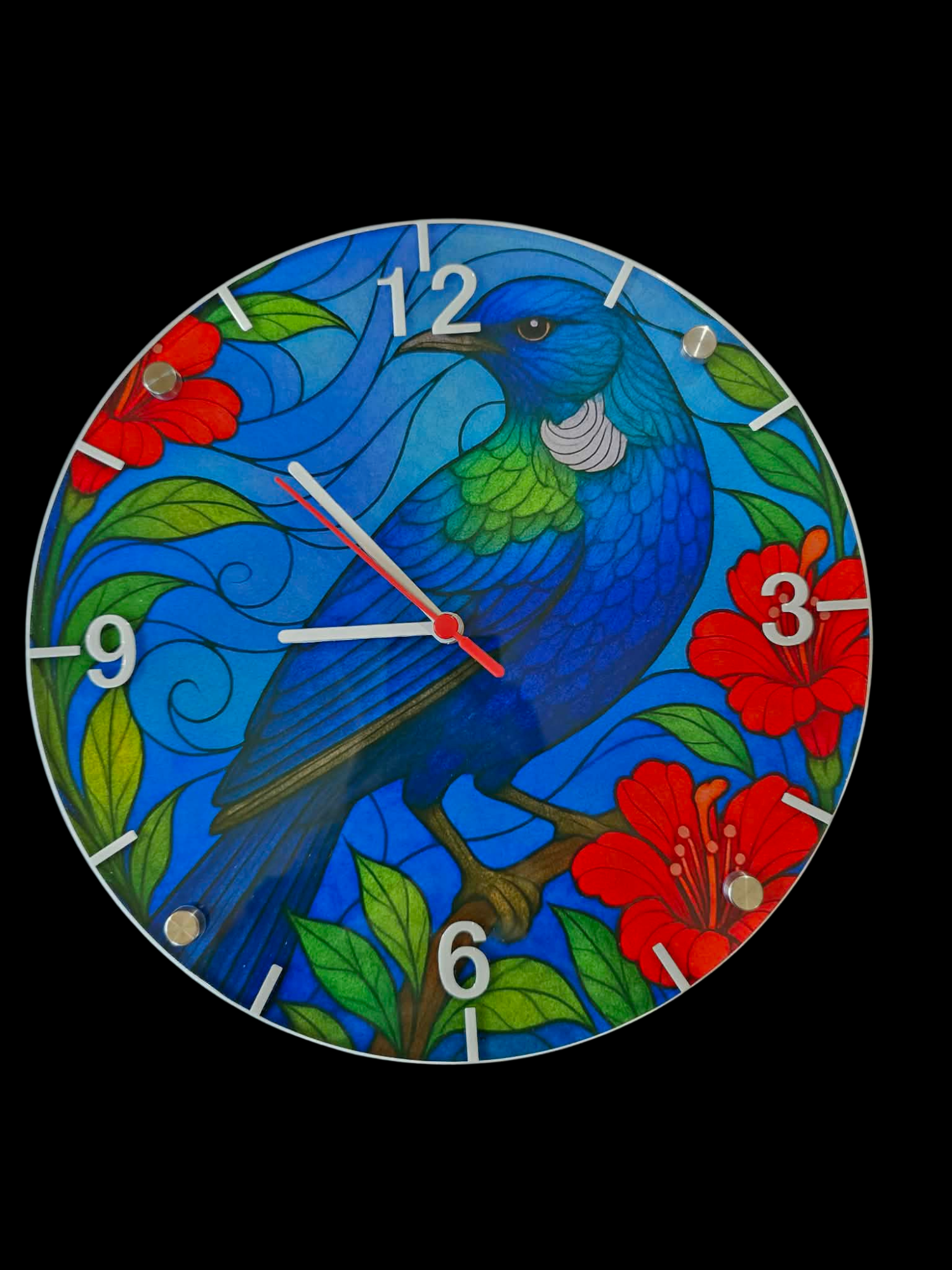 tui-pohutukawa-glass-wall-clock-30cm