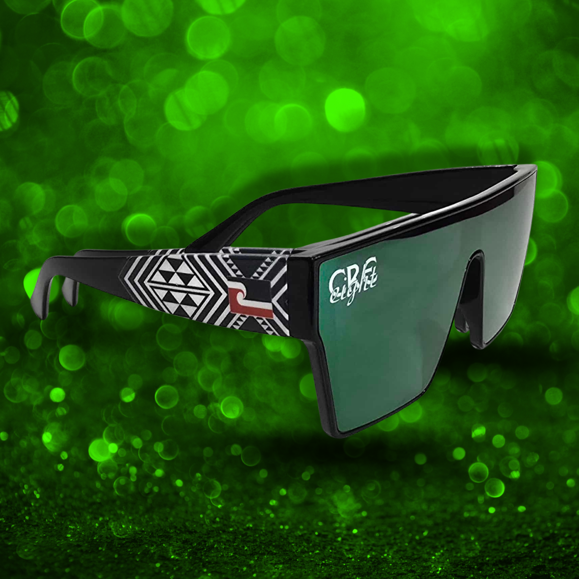 “CRE-eight Tribal Sunglasses – Black Frame with Green Mirrored Lens”