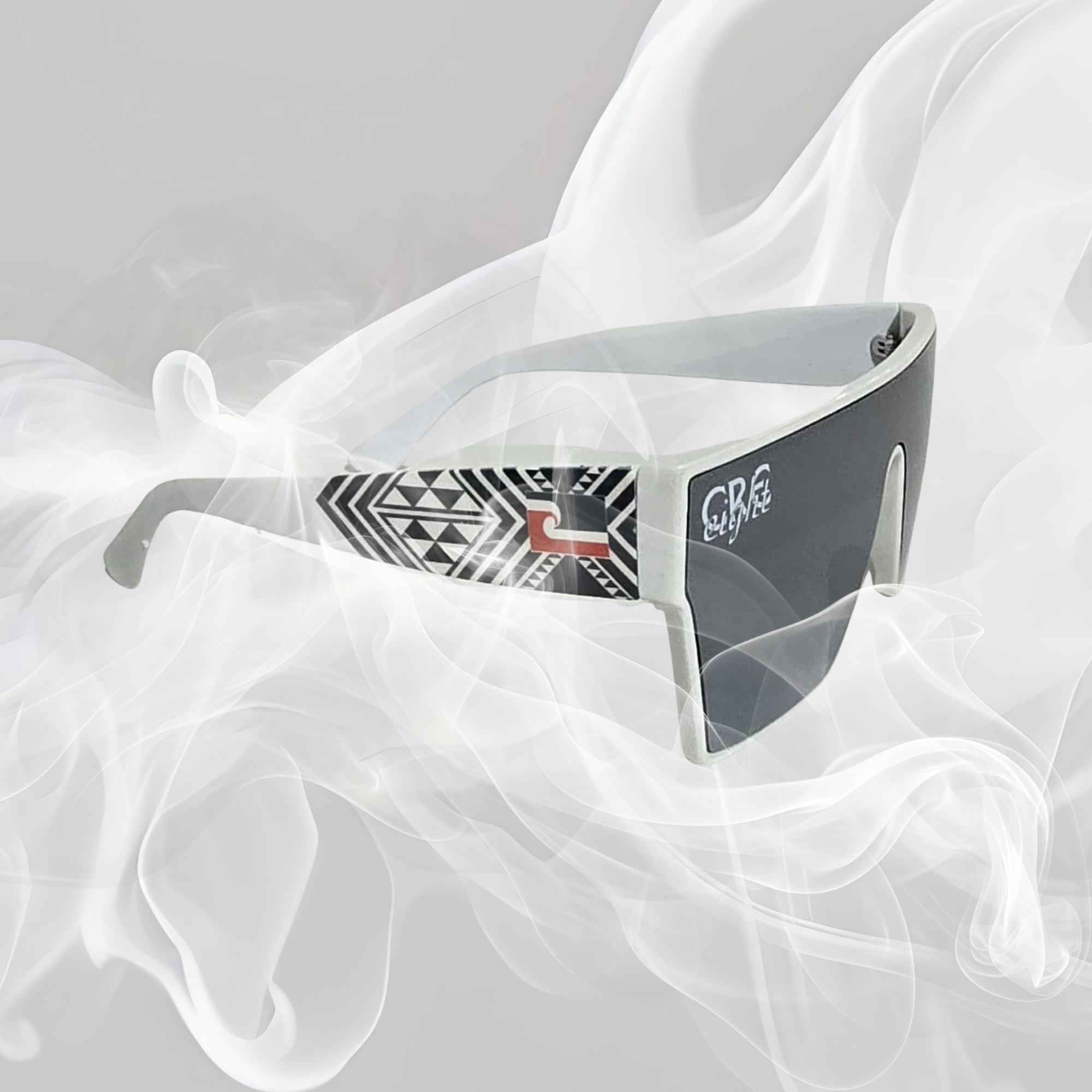 CRE-eight Tino Sunglasses – White Frame with Black mirror Lens | UV-Printed Tāniko Design
