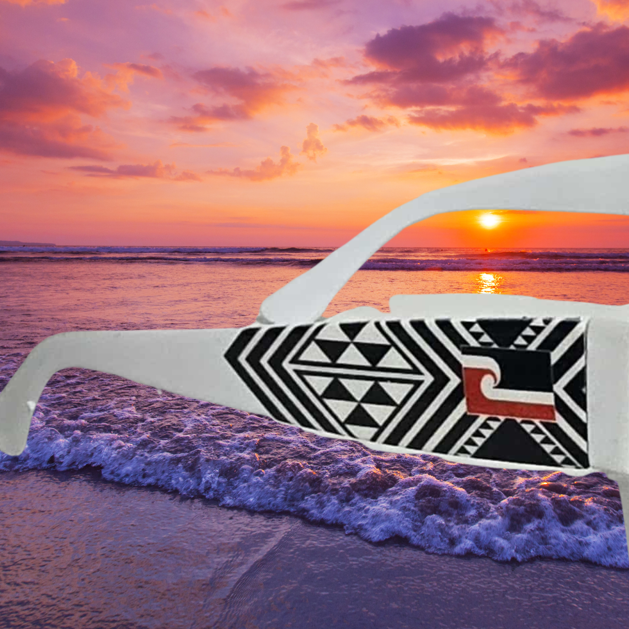CRE-eight Tino Sunglasses – White Frame with Orange Mirrored Lens | UV-Printed Tāniko Design