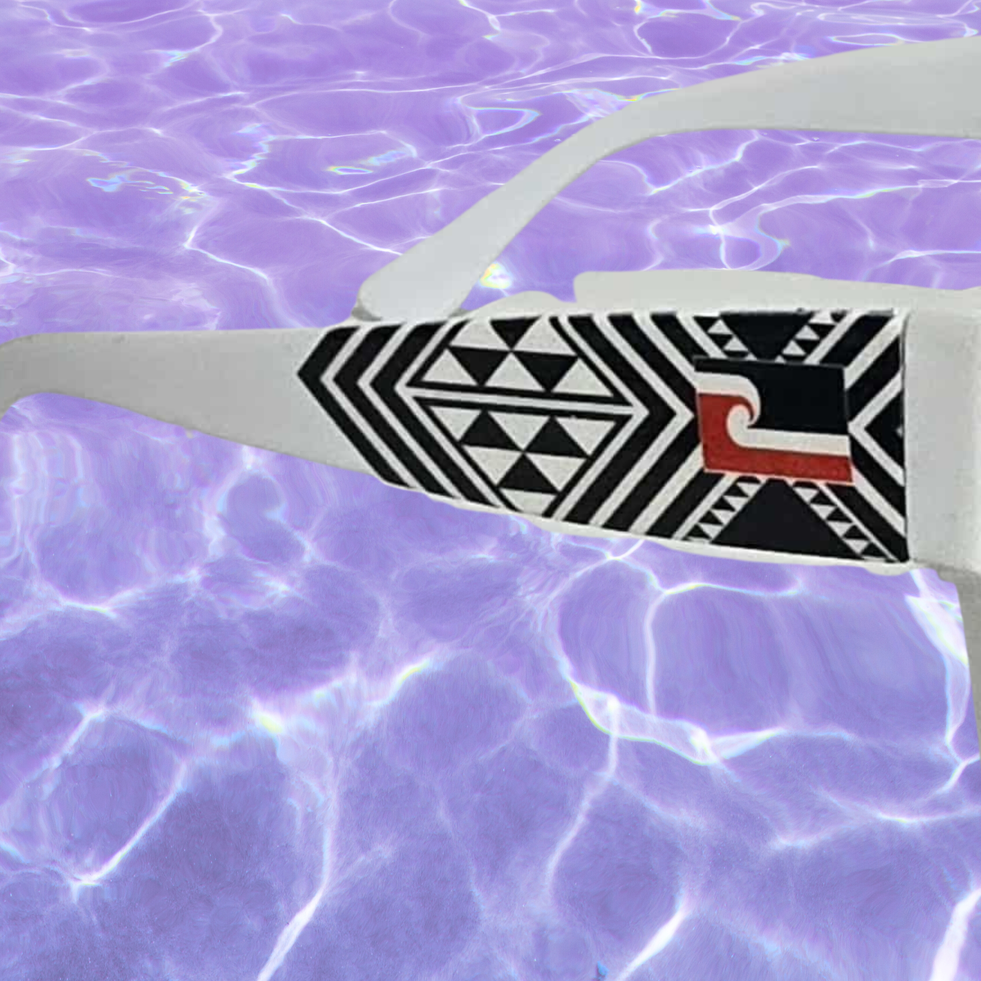 CRE-eight Tino Sunglasses – White Frame with Purple Mirrored Lens | UV-Printed Tāniko Design