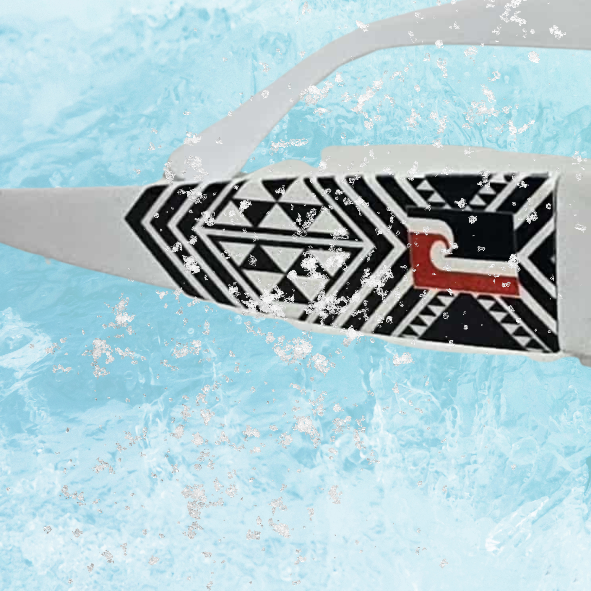 CRE-eight Tino Sunglasses – White Frame with Ice Blue Mirrored Lens | UV-Printed Tāniko Design