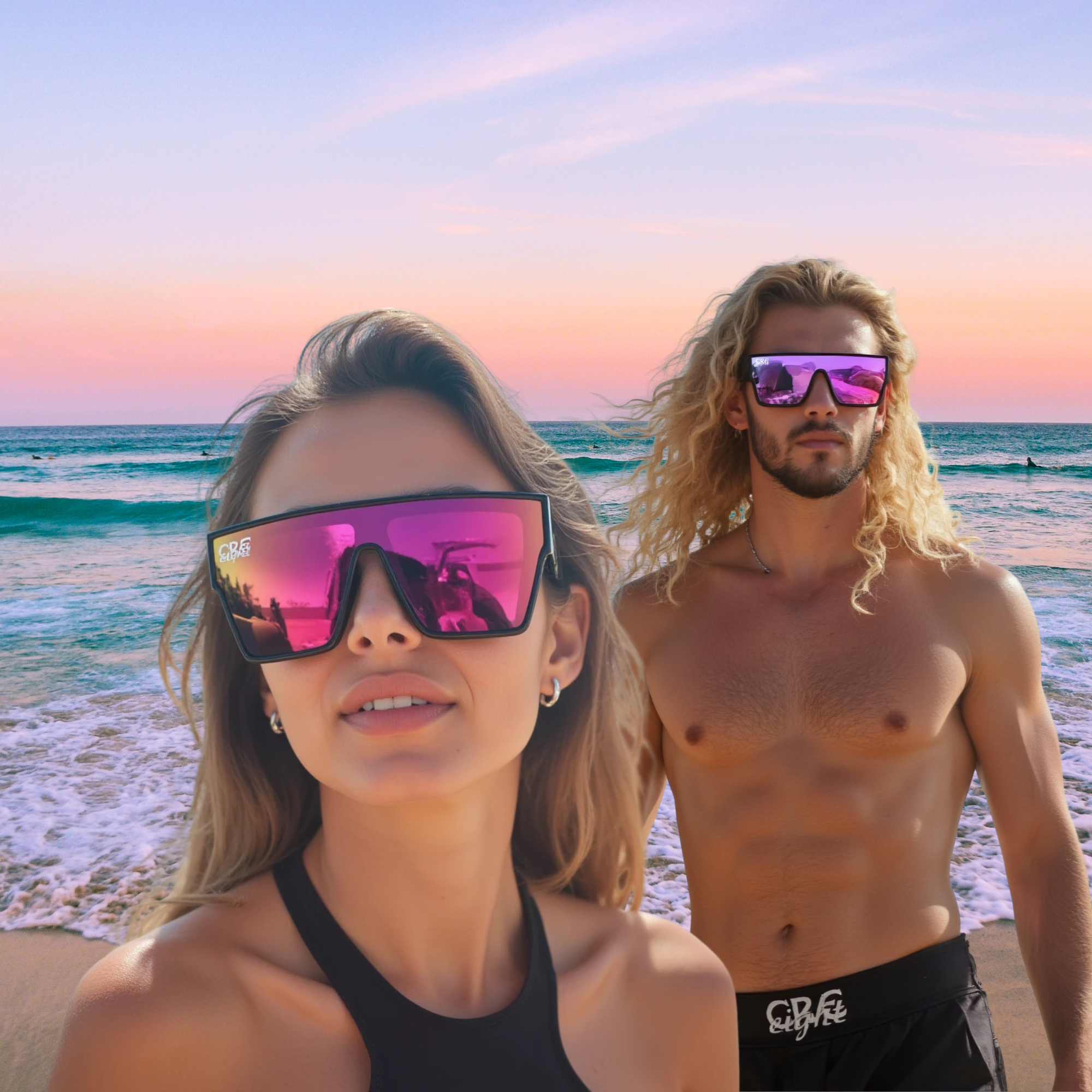 “CRE-eight Tribal Sunglasses – Black Frame with Pink Iridescent Lens”
