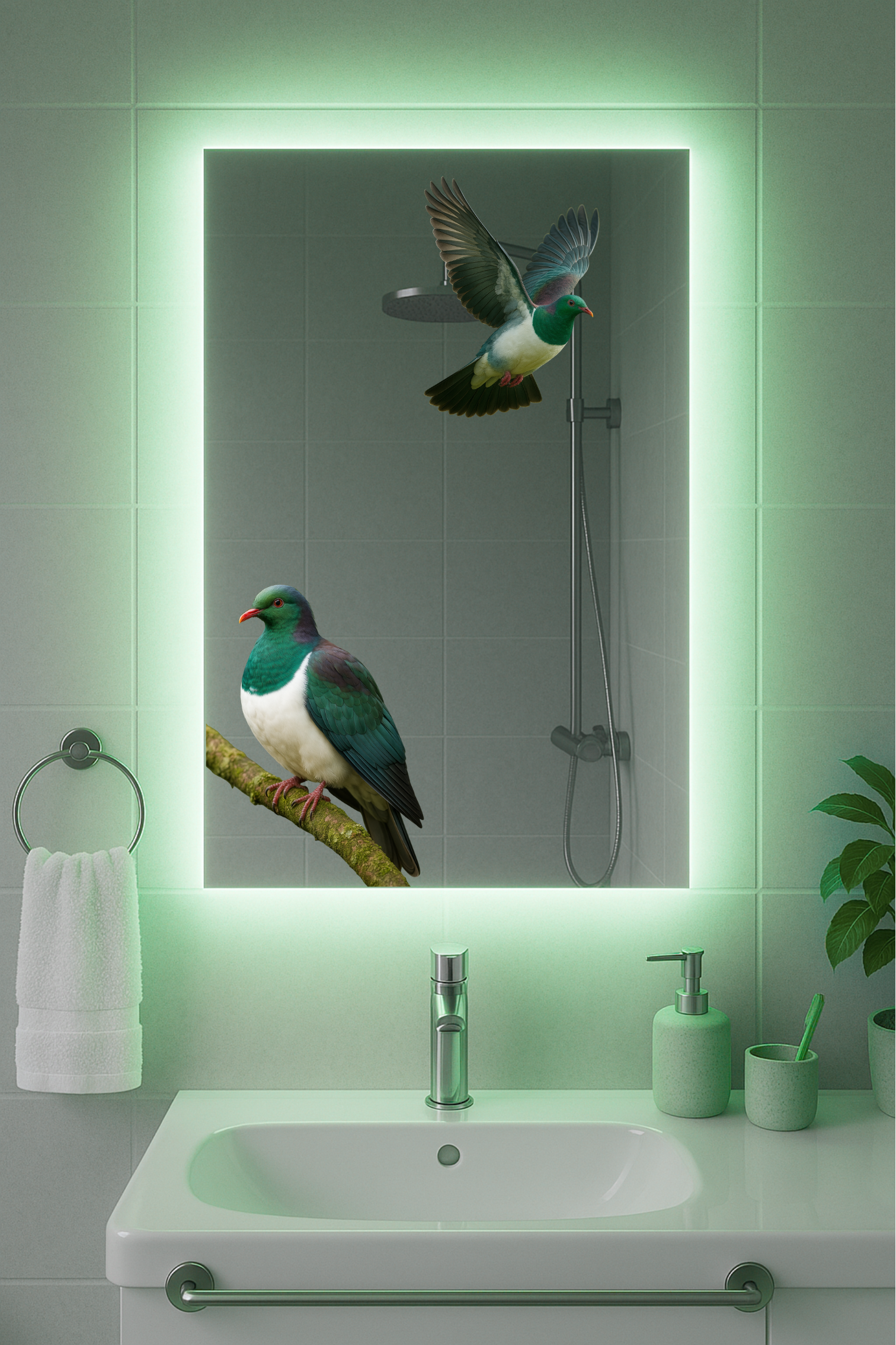 Kererū Mirror – Native NZ Bird Art with Optional LED Backlight
