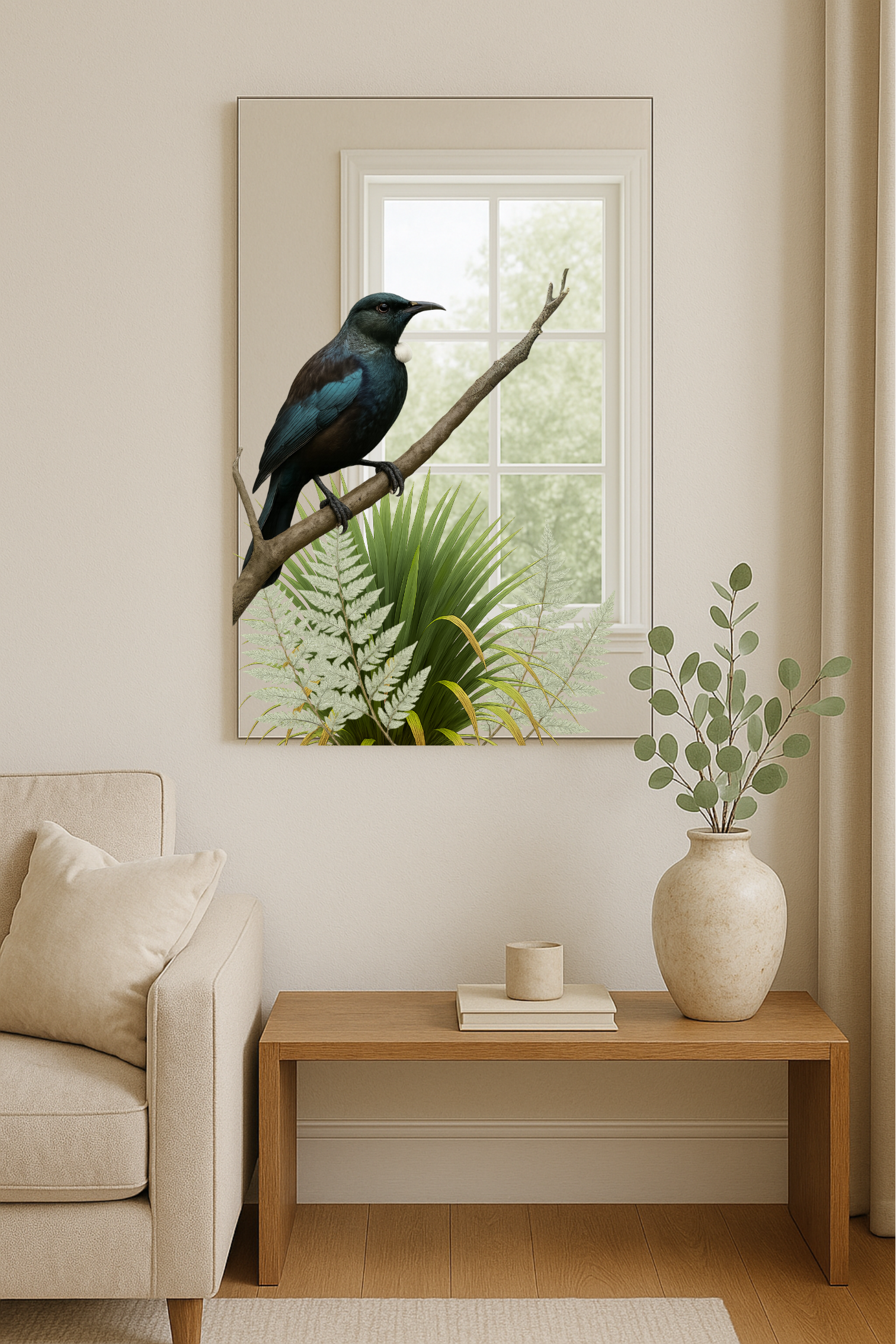 Tūī Mirror – Native NZ Bird with Optional Warm LED Backlight