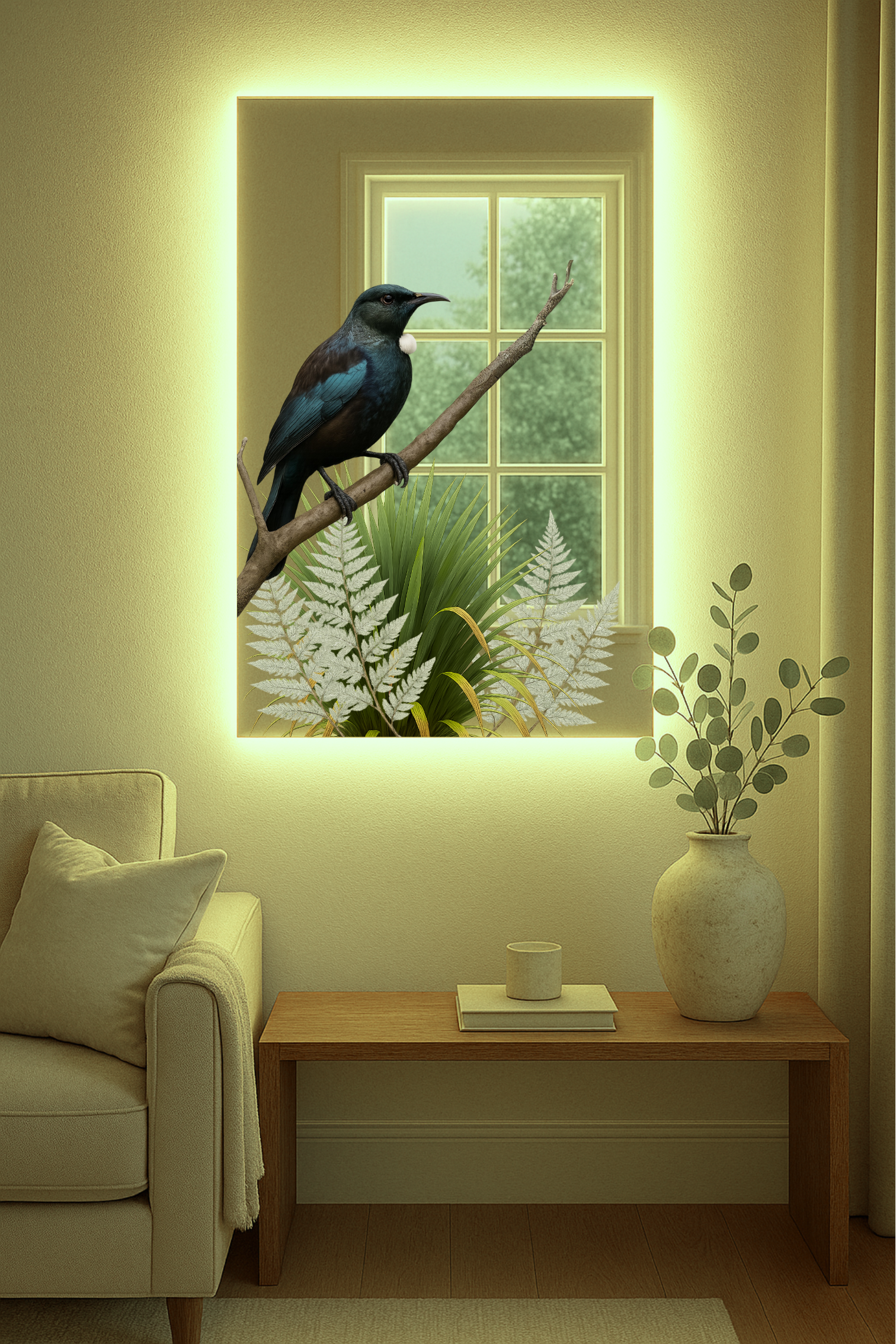 Tūī Mirror – Native NZ Bird with Optional Warm LED Backlight