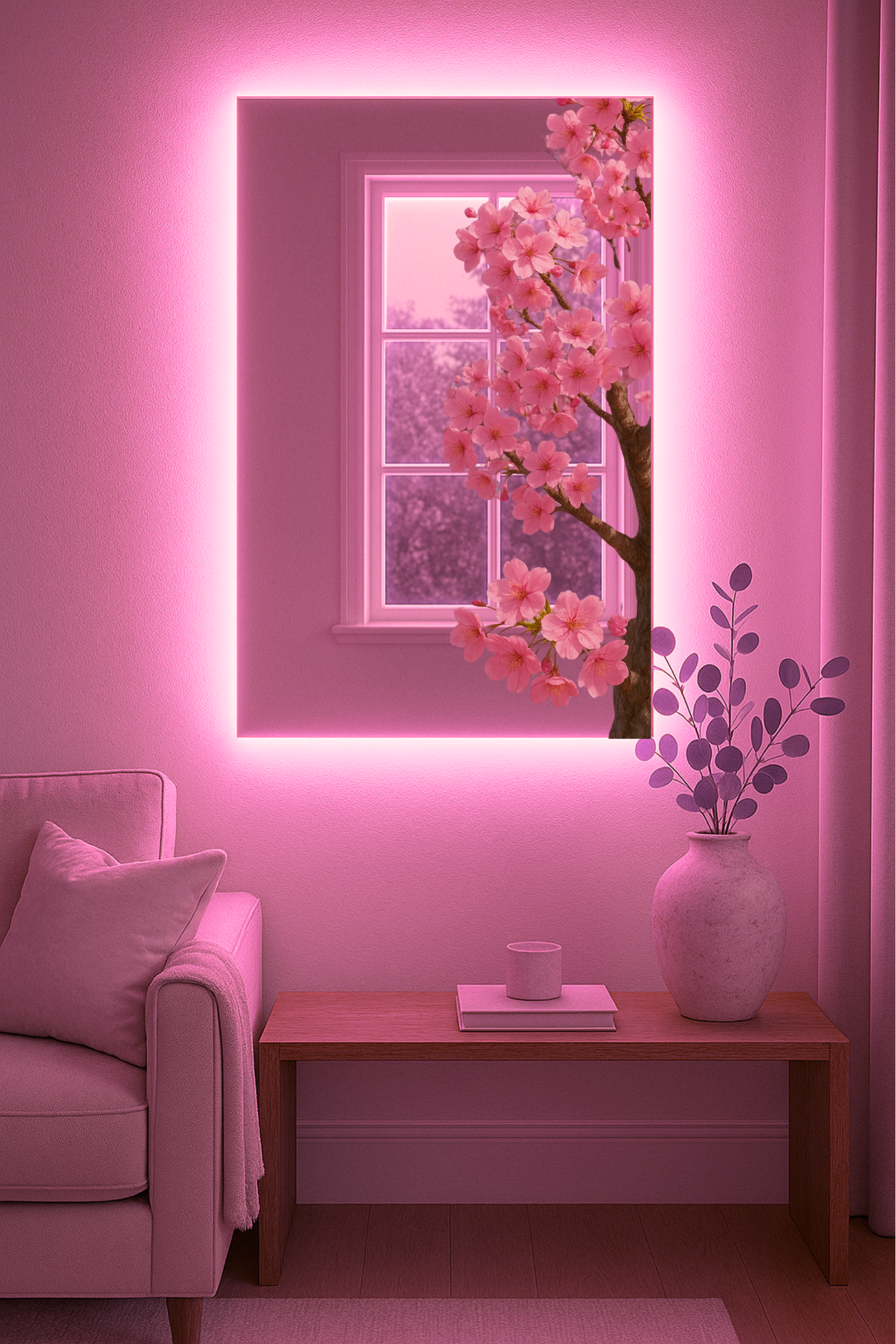 Cherry Blossom Mirror – Elegant Floral Art with Optional Pink LED Backlight