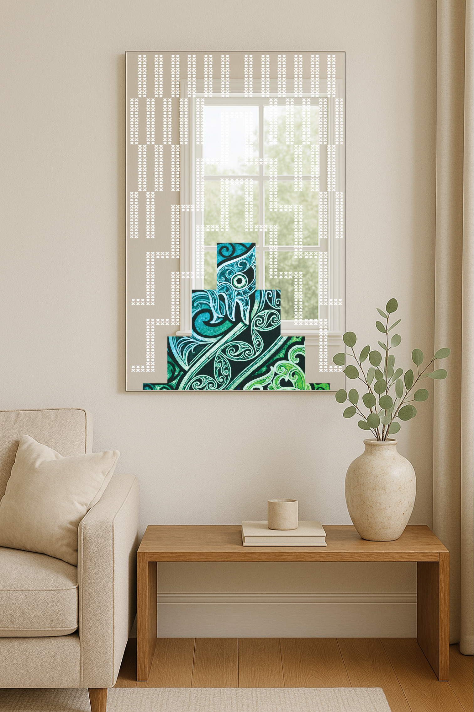 Poutama x Manaia Mirror – Modern Māori Wall Art | UV Printed Reflective Design by CRE-eight
