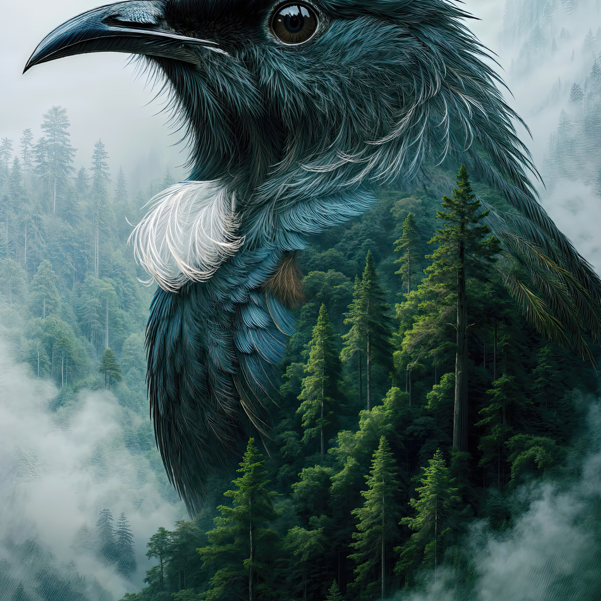 Double Exposure Misty Forest Tūī – New Zealand Nature CANVAS Print | C