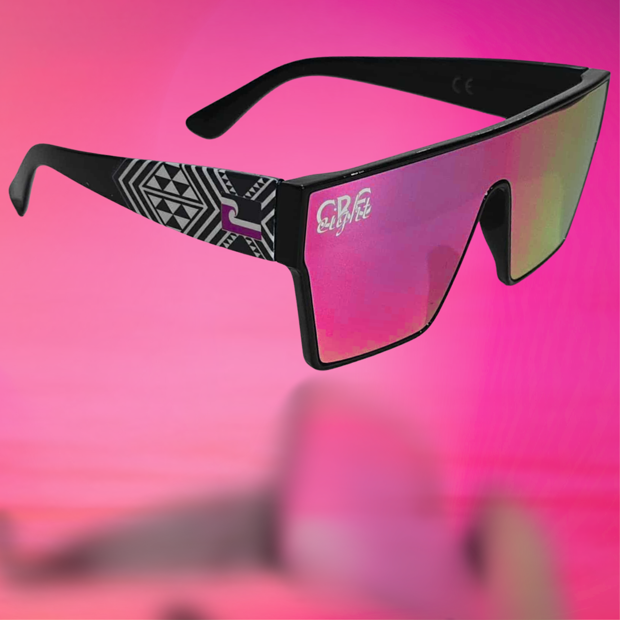 “CRE-eight Tribal Sunglasses – Black Frame with Pink Iridescent Lens”