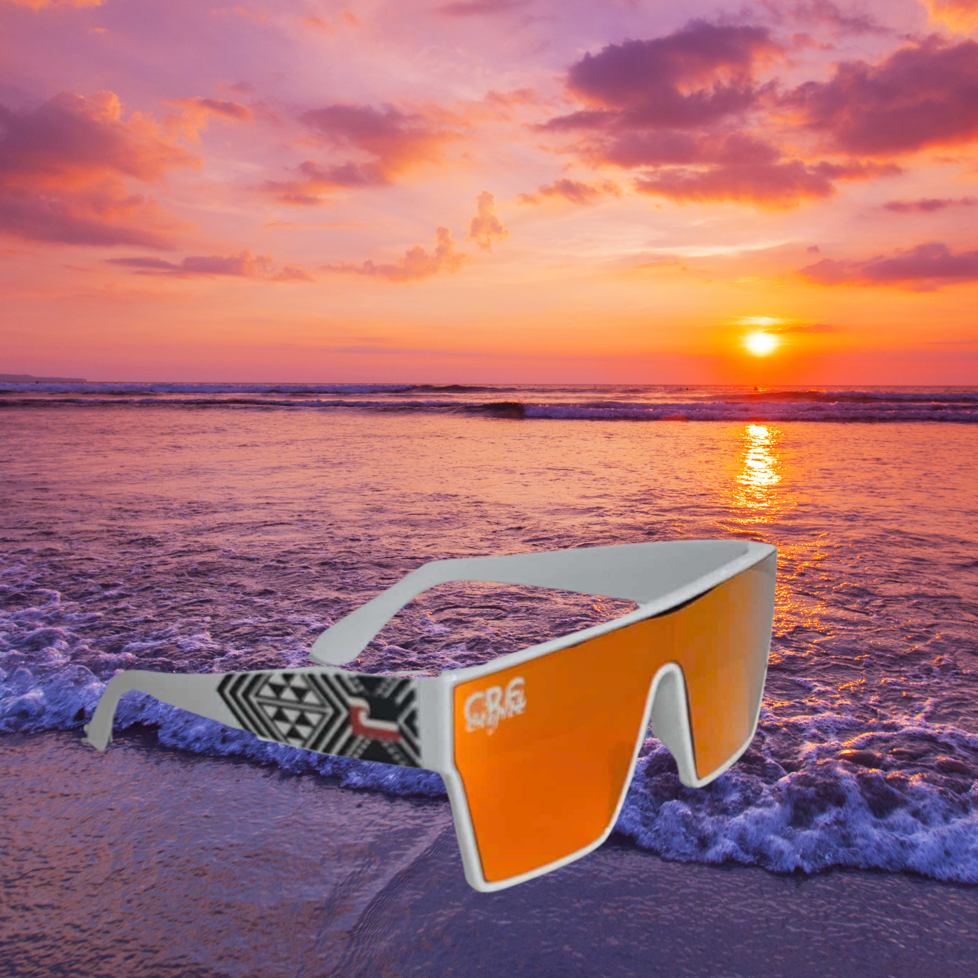 CRE-eight Tino Sunglasses – White Frame with Orange Mirrored Lens | UV-Printed Tāniko Design