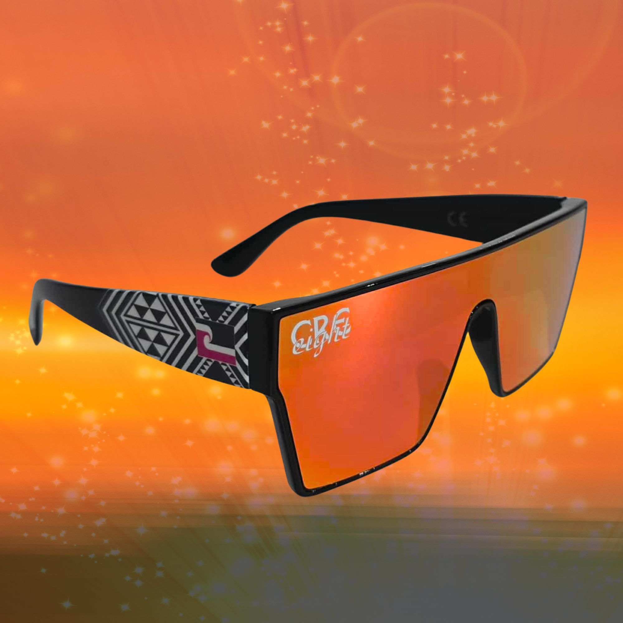 “CRE-eight Tribal Sunglasses – Black Frame with Orange Mirrored Lens”