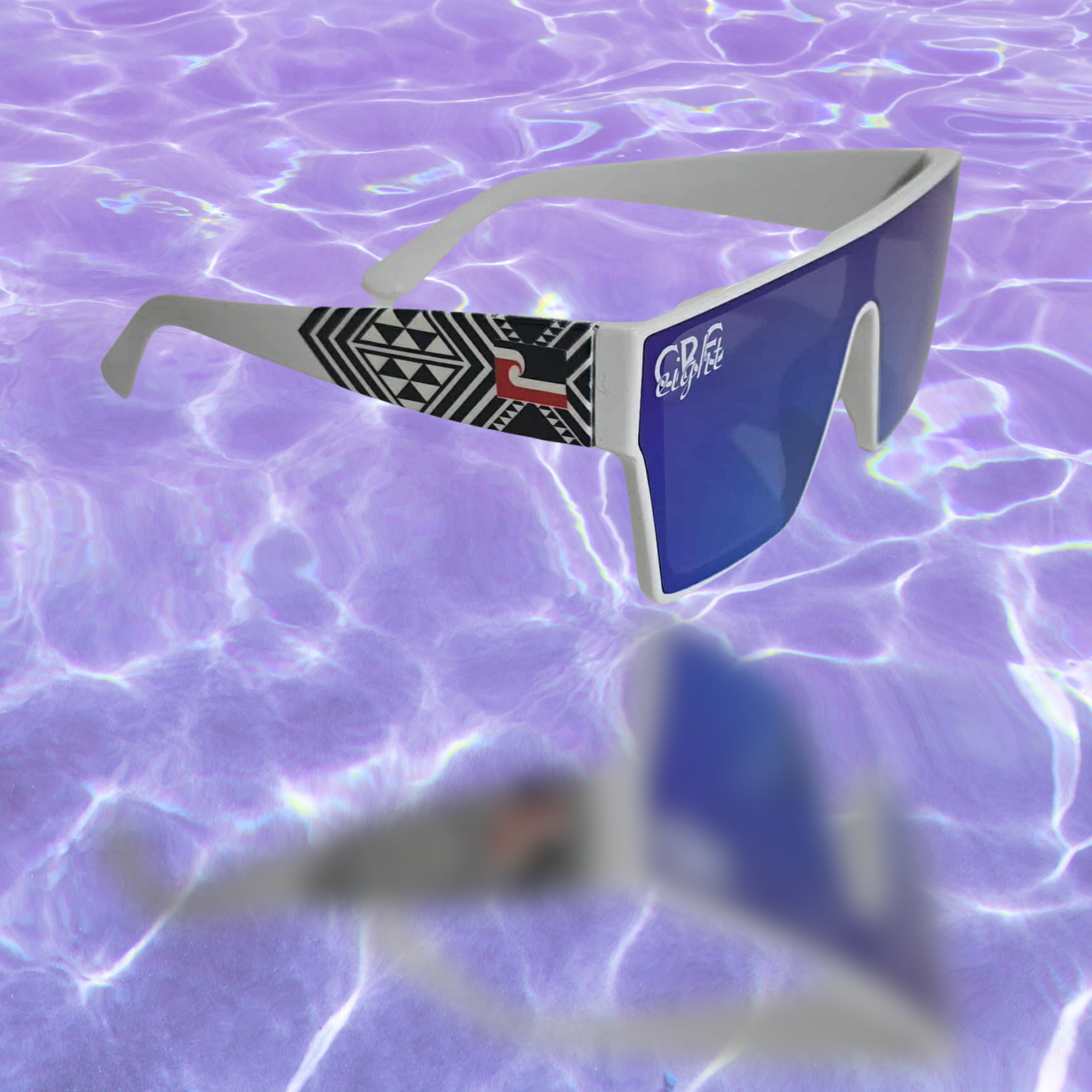 CRE-eight Tino Sunglasses – White Frame with Purple Mirrored Lens | UV-Printed Tāniko Design