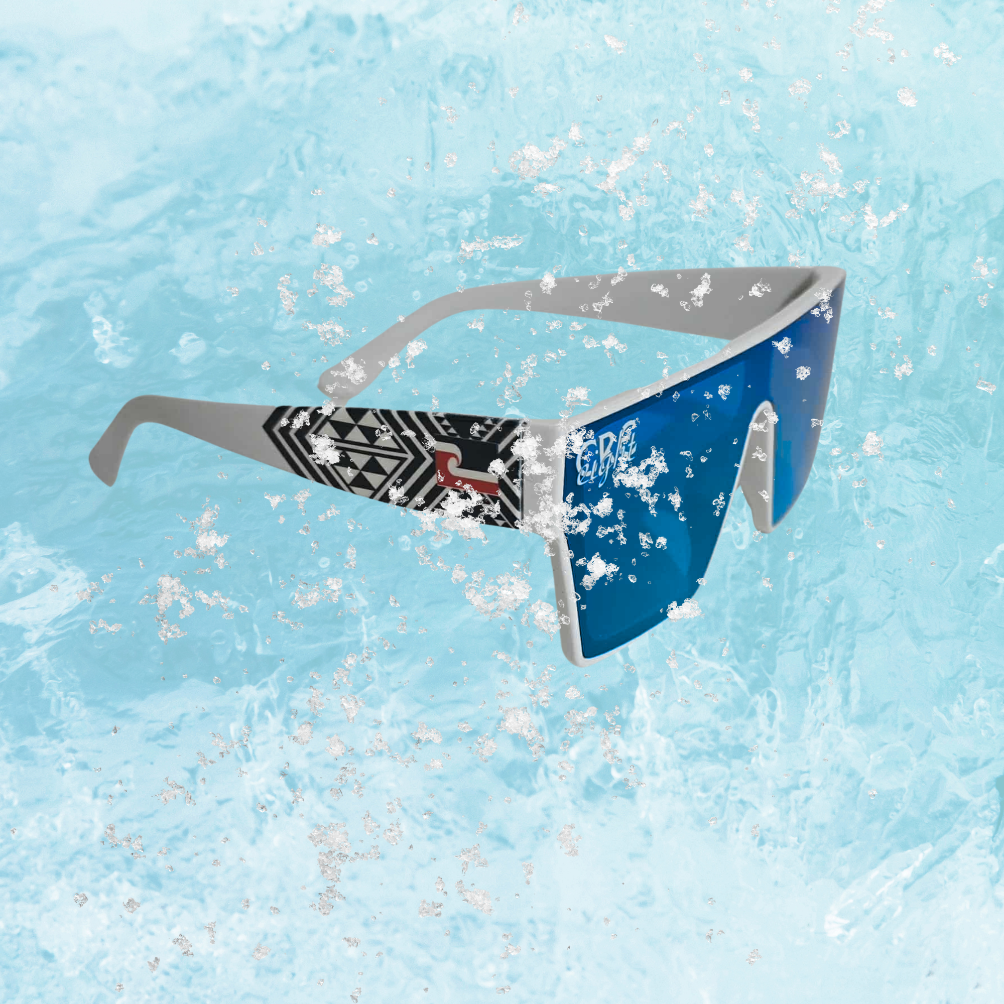 CRE-eight Tino Sunglasses – White Frame with Ice Blue Mirrored Lens | UV-Printed Tāniko Design