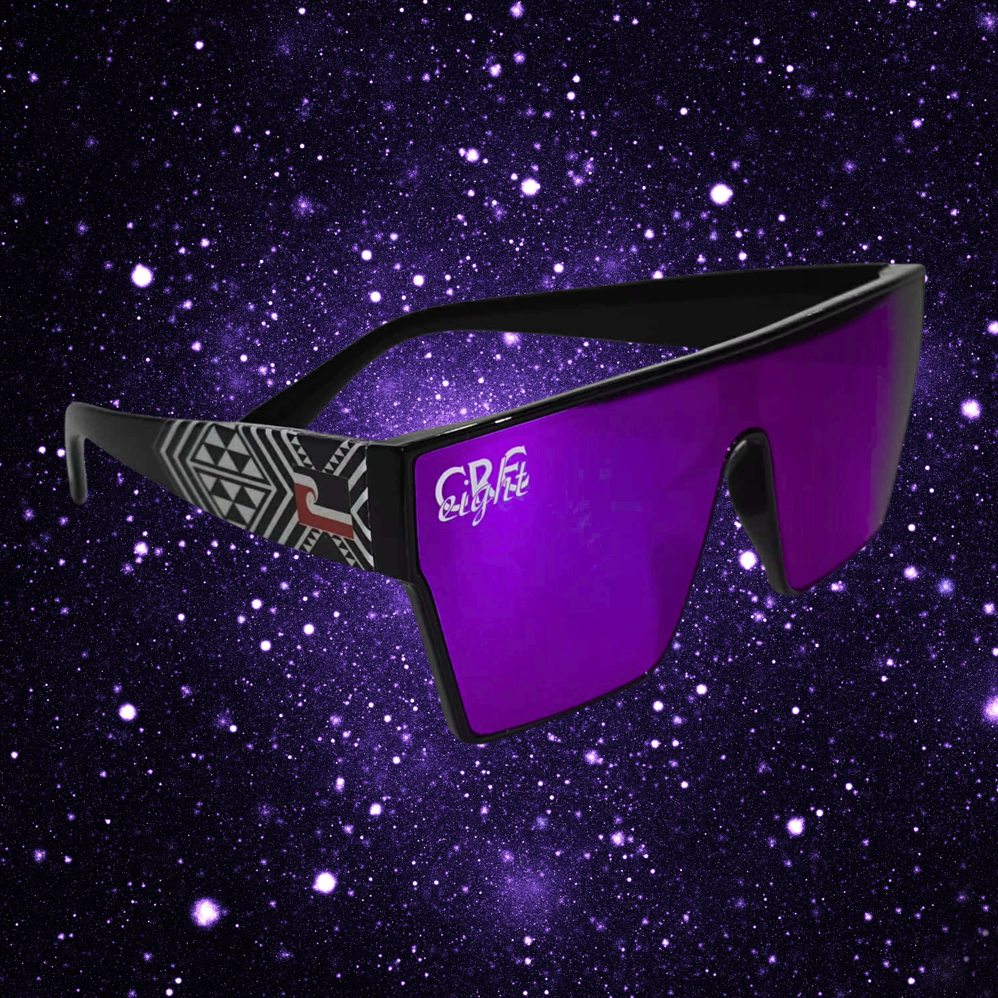 “CRE-eight Tribal Sunglasses – Black Frame with Purple Mirrored Lens”